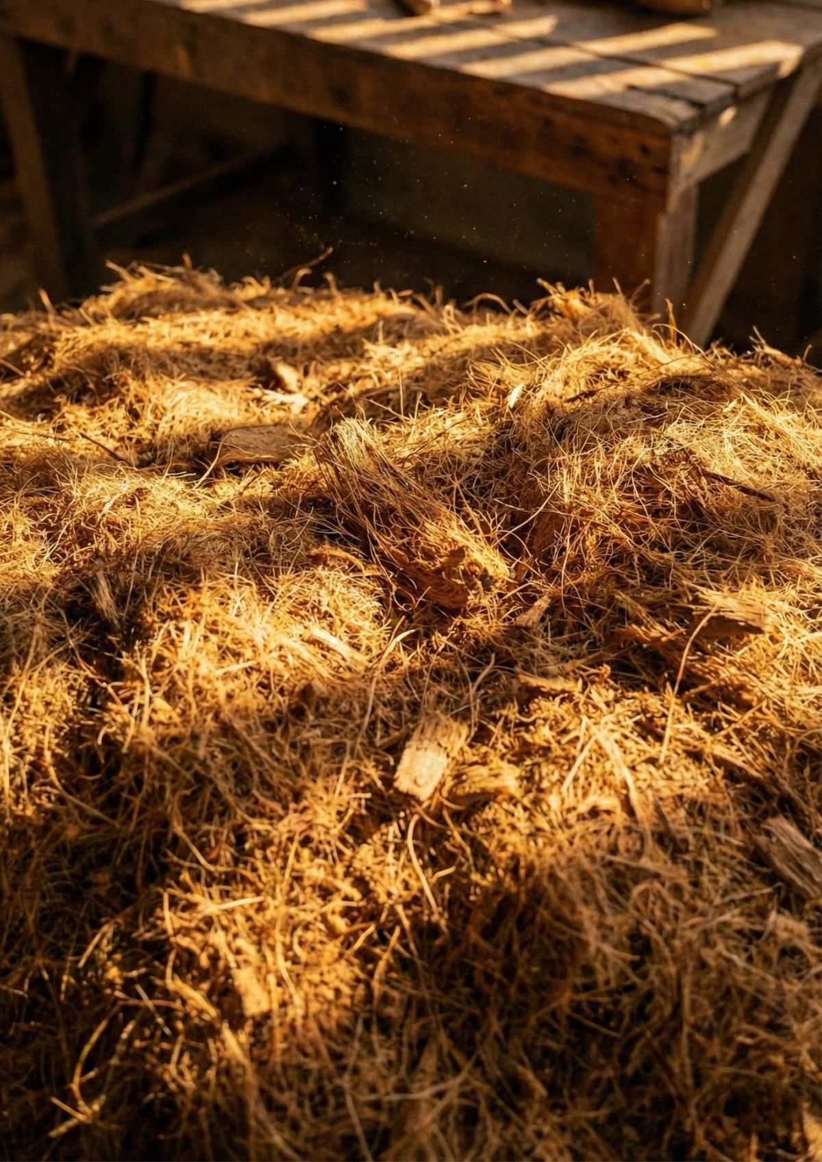 Fibra de coco em detalhe, sob luz dourada, em bancada de madeira