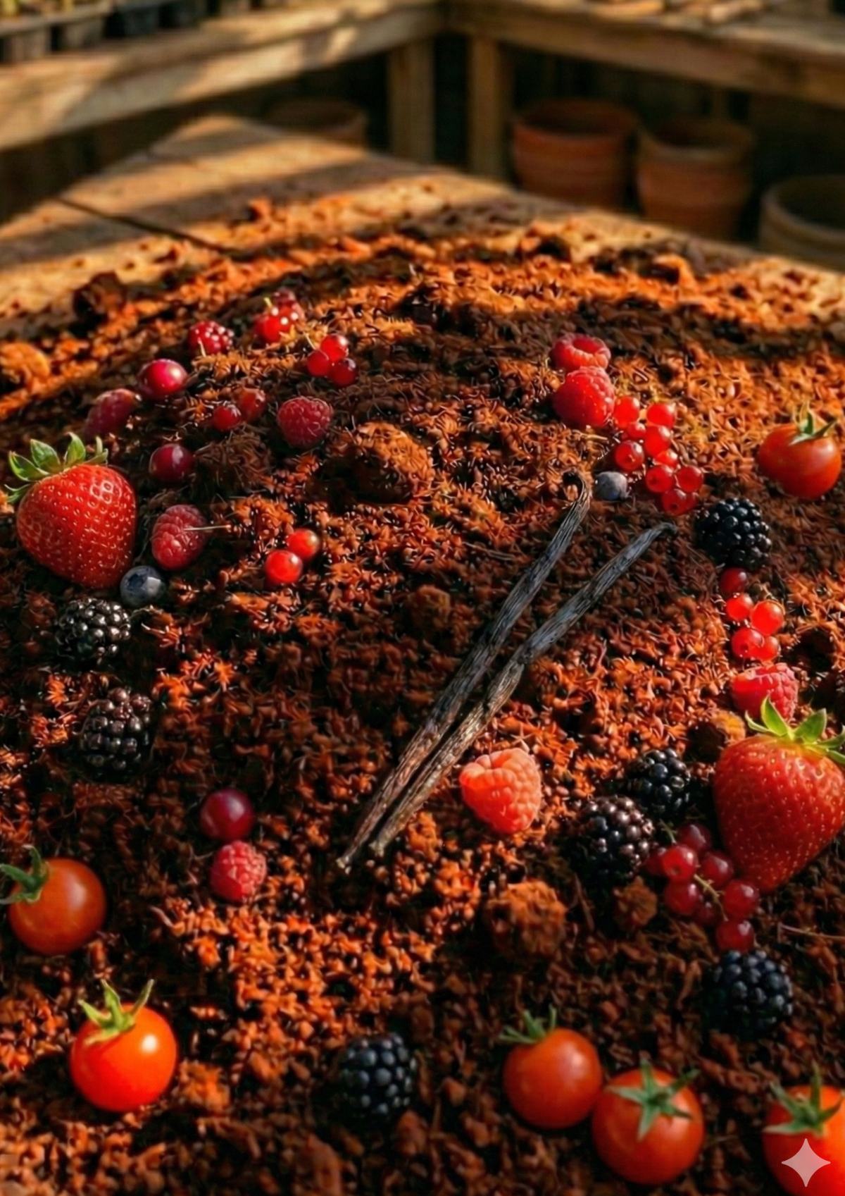Frutas vermelhas e tomates sobre substrato de coco