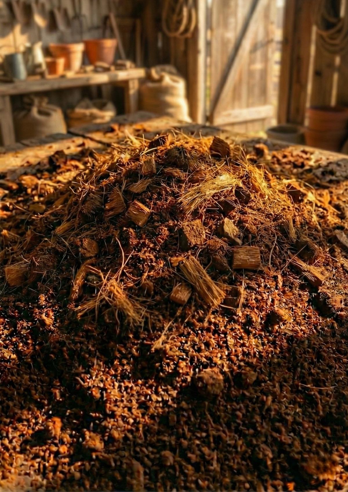 Pilha de substrato de fibra e pó de coco em galpão de produção